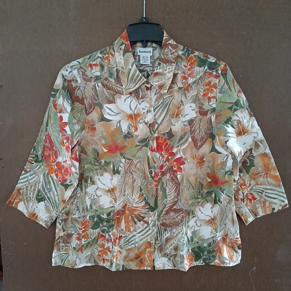 BonWorth Tropical Beachy Boho Lightweight Short Sleeve Top Medium Petite
